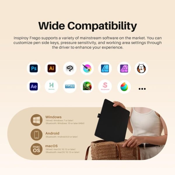 71K86fM7pTL._AC_SL1500.jpg Huion Inspiroy Frego M – Wireless Bluetooth Medium-Size Graphics Tablet. 10 × 6.25″. Battery-Powered (24 h). PenTech 3.0+. Minimalist Design