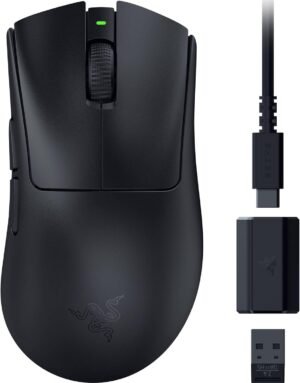71SfcN143LL._AC_SL1500.jpg Razer DeathAdder V3 HyperSpeed Wireless Esports Gaming Mouse. 55 g Lightweight. Ergonomic & Smooth Touch Texture. Up to 100 Hr Battery. Gen 3 Optical Switches. Focus X 26K Optical Sensor - Black